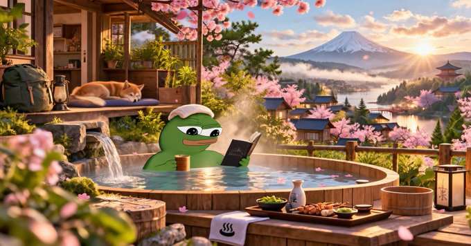 An illustration shows the Pepe the Frog character relaxing in a Japanese hot spring with Mt. Fuji in the background, holding a device with a K logo, accompanied by a sleeping Shiba Inu dog.