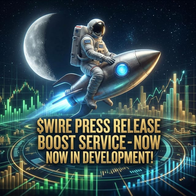 The image features a man wearing an astronaut suit, riding a rocket ship that has a dollar sign symbol on its side. The caption below the image reads "$WIRE Coin Press Release Boost Service - Now in Development!" This suggests that there is a new service being offered by the coin press for free and it's related to the space theme of the image.
