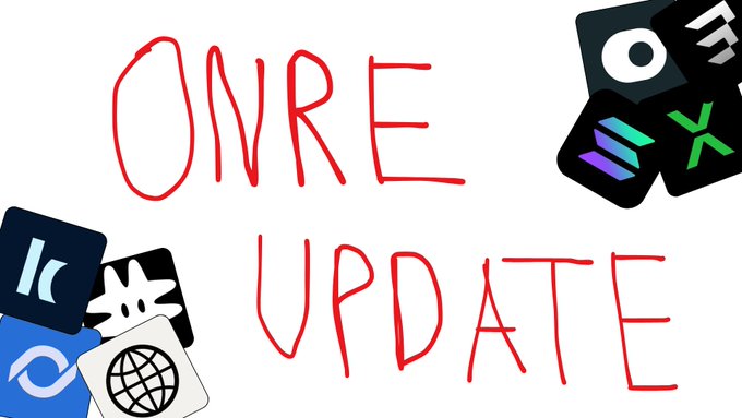 Handwritten red text reads 'ONRE UPDATE' surrounded by various digital app icons on a white background.
