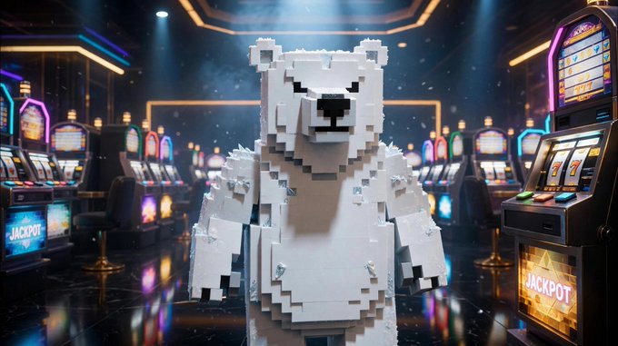 A pixelated polar bear figure stands in a casino filled with slot machines, with 'JACKPOT' visible on screens in the background.