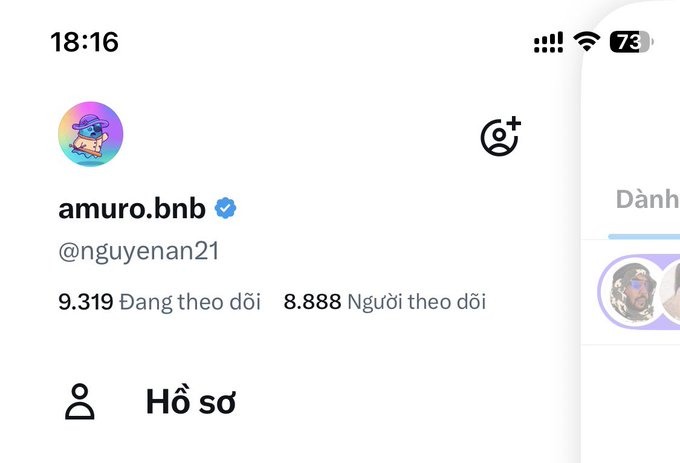 A screenshot of an Instagram profile for "amuro.bnb" (@nguyenan21), showing 9.319 followers and 8.888 following, with the post celebrating the "8888" following milestone.