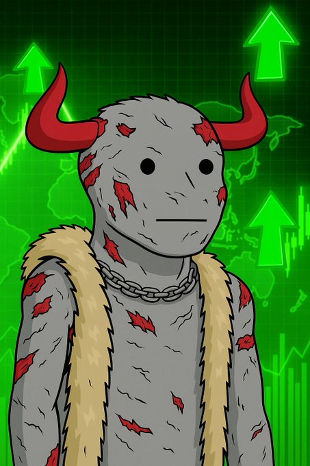 The image features a cartoon character with horns, dressed in a fur vest and chain necklace, standing against a green background with arrows pointing upwards. The caption below the image reads "All we need is green candles $NPC going higher is programmed". This suggests that the character might be related to the game or animation series '$NPC', where players often have to collect green candles as currency to progress through levels and defeat enemies.