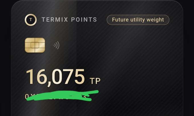 A dark digital card displays a Termix Points balance of "16,075 TP" alongside a gold SIM card icon and a "Future utility weight" badge, with a green mark obscuring text below. The image relates to the post by showcasing the Termix Points interface, visually emphasizing the point-earning system that the post promotes as part of an airdrop farming opportunity for the Termix AI project.