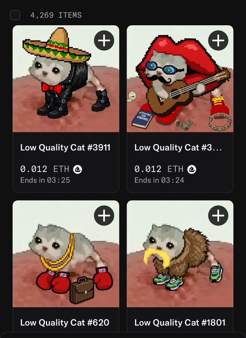 A mobile app marketplace showing 4,269 NFT items, with four "Low Quality Cat" listings (numbered #3911, #3..., #620, and #1801) each priced at 0.012 ETH and ending in roughly 3:25, humorously illustrating the user's claim that despite their current "low quality" appearance and low price, these cat NFTs could one day reach a 10 ETH floor value.