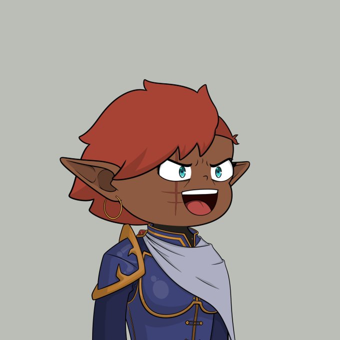 A cartoon-style illustration of a brown-skinned elf character with red hair, pointed ears, a gold hoop earring, a facial scar, and a blue and gold outfit with a white scarf.