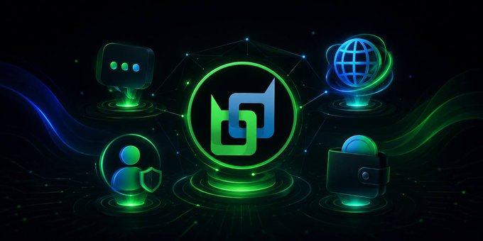 Digital illustration showing a green central logo surrounded by icons representing chat, global connectivity, user security, and digital wallets on a dark background.