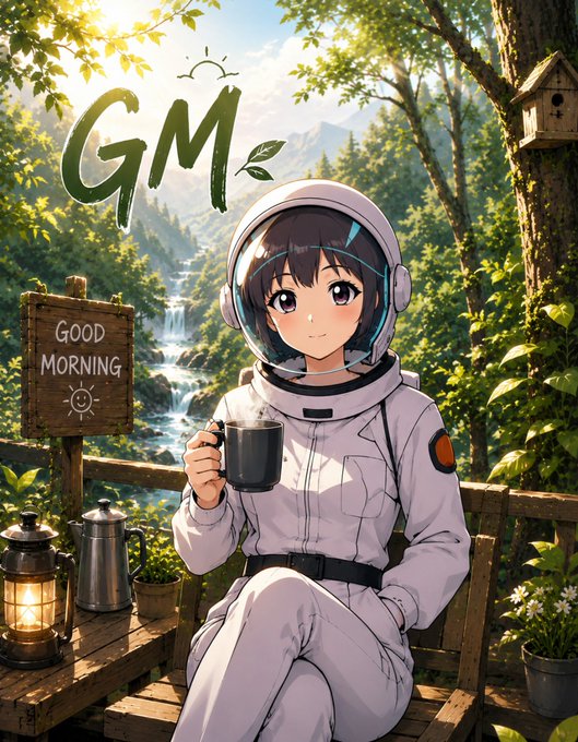 Anime-style illustration of an astronaut girl in a spacesuit holding a coffee mug, sitting on a wooden bench in a forest with a waterfall, featuring "GM" (Good Morning) text and wooden signage.