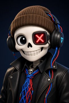 A 3D-rendered cartoon skeleton character wearing a brown beanie, headphones with a red X, and a leather jacket with colorful cables.