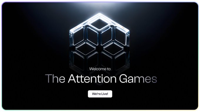 A sleek welcome screen displays "The Attention Games" with a "We're Live!" button below an illuminated 3D cube, serving as a dramatic visual introduction to the post's message about Clasho rewarding creator impact over follower count.