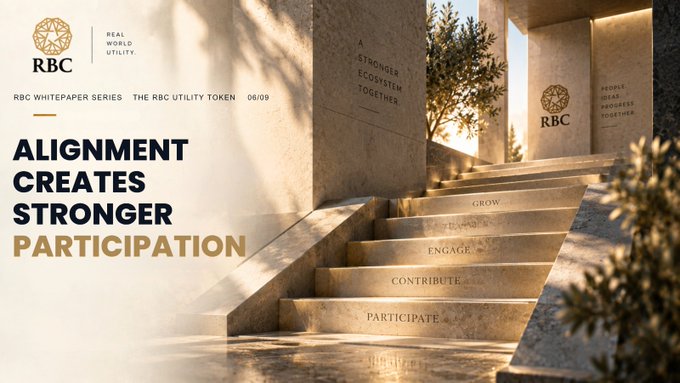 A promotional graphic from the RBC Whitepaper Series titled 'ALIGNMENT CREATES STRONGER PARTICIPATION' for 'The RBC Utility Token' 06/09, depicting an elegant staircase with steps labeled 'Participate', 'Contribute', 'Engage', and 'Grow'.