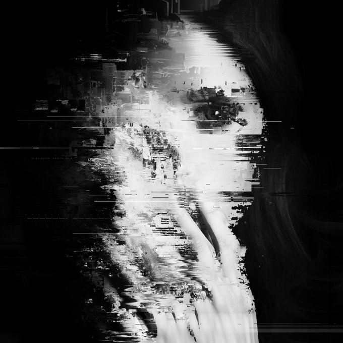 A black and white glitch art image showing a distorted, abstract digital corruption effect over what appears to be a portrait or figure.