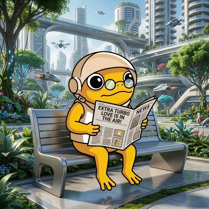 A cartoon turtle wearing goggles and a helmet sits on a futuristic bench reading a newspaper with the headline "EXTRA TURBO LOVE IS IN THE AIR!" and "NEWS" visible, set against a sci-fi cityscape with drones and skyscrapers.

The image cleverly reinforces the post's theme by depicting the $TURBO mascot calmly reading market headlines in a futuristic setting—symbolizing steadfast focus amid a rapidly changing, high-tech world.