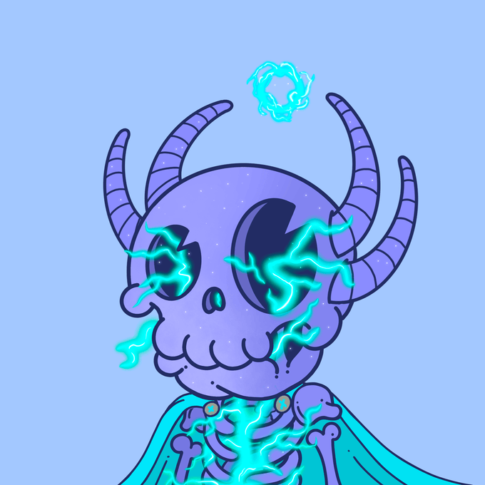 The image features a cartoon character, likely a skeleton or a monster with horns, wearing a cape and holding a lightning bolt above its head. The character appears to be in a state of power or importance, as indicated by the caption "The most POWERFUL and Important Quirkling in the story and IP has a new home Congrats @thischicksright for securing one of the most important characters in the entire ecosystem". This suggests that the image is related to a discussion about the character's significance within the context of the post.
