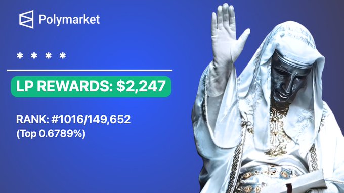The image features an advertisement for Polymarket, which suggests that users have earned $100 in LP rewards within the last 24 hours. This includes payment for services rendered using Polymarket's cryptocurrency platform. The post also mentions a potential link to breaking news regarding the top-100% overall rewards. Additionally, it seems that one or more of the five people visible in the image is involved with Polymarket - either as a developer, a contributor, or an active user - and they are looking forward to seeing the details about how this particular reward system works next week.