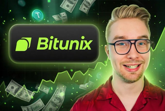 The image depicts a young man wearing glasses and a red shirt standing next to a black sign that reads "Bitunix". The background shows an explosion of money, creating a sense of abundance and prosperity. In the corner of the image, there is a registration form for Bitunix, indicating that users can earn up to $20,000 in rewards if they register with their email address or phone number provided on the sign.