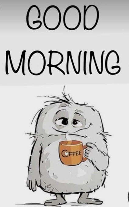 A 'Good Morning' greeting card features a cute fluffy gray creature holding a steaming orange mug labeled 'Coffee.'