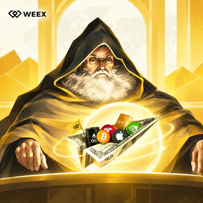 A WEEX cryptocurrency advertisement features a hooded wizard holding a glowing orb containing a paper airplane filled with dollars, Bitcoin, oil, and tech company logos.