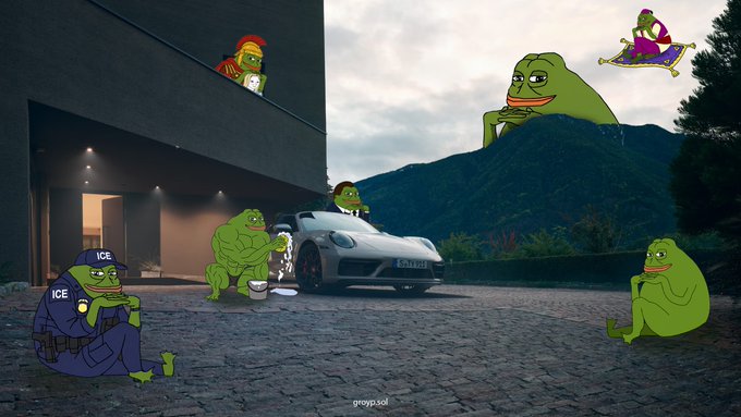 A modern white sports car is parked outside a sleek contemporary house, surrounded by multiple Pepe the Frog figures in various scenarios—one dressed as "ICE," another on a magic carpet, and others lounging against a mountainous backdrop—creating a surreal scene that visually represents the "Groypening" with the frogs multiplying and infiltrating everyday life.