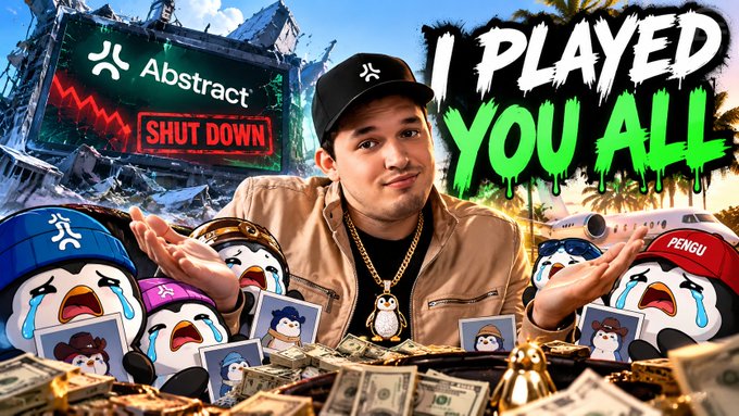 A thumbnail-style image with the text 'I PLAYED YOU ALL' featuring a man in a black cap surrounded by crying penguin mascots, money, and an 'Abstract SHUT DOWN' graphic.