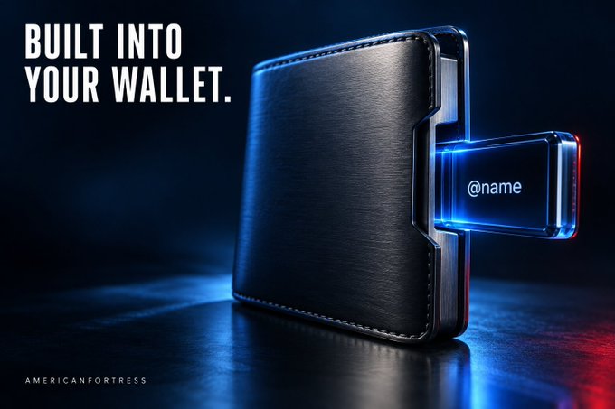 A sleek black leather wallet with a glowing blue digital card extending from it, labeled "@name," with the tagline "BUILT INTO YOUR WALLET." and the American Fortress logo—visually reinforcing how the SDK embeds Send-to-NAME functionality directly into existing wallet interfaces without requiring a separate app.