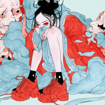 A stylized anime-style illustration shows a black-haired figure in a red outfit and oversized red shoes surrounded by swirling blue and red forms.
