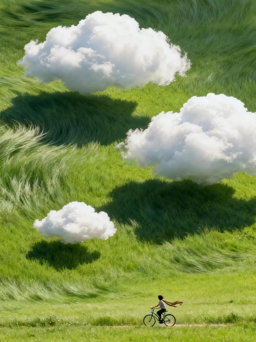 A child rides a bicycle along a path through a vast, windswept green field, casting dark shadows beneath three surreal, low-hanging white clouds. The dreamlike scene of exploration and open skies captures the fresh, hopeful spirit of starting a new week.