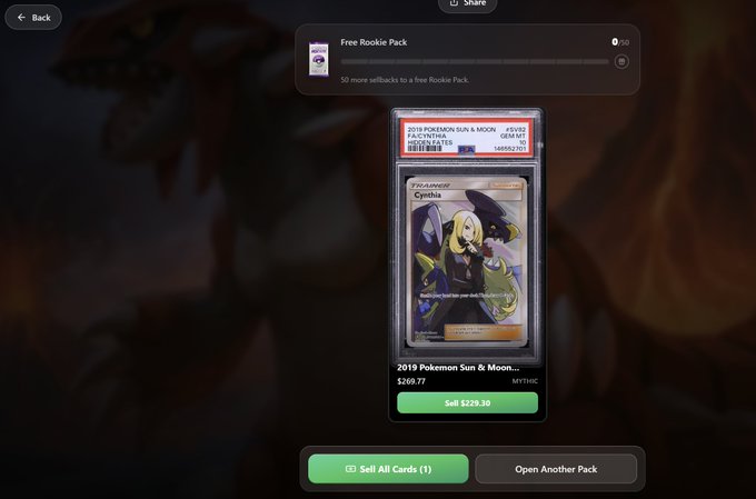 The image shows a computer screen displaying a page about Pokemon trading packs. There are two main pieces of information present in the image, both related to the trading pack options available for sale. The first piece of information is a price tag showing that the pack has cost $14.87. The second piece of information is displayed on the bottom of the image, and it reads: "OPEN ANOTHER POKIE & SON!". This indicates that there are still some packs to be sold, and the user should consider whether they want to add more Pokemon cards to their collection or not.