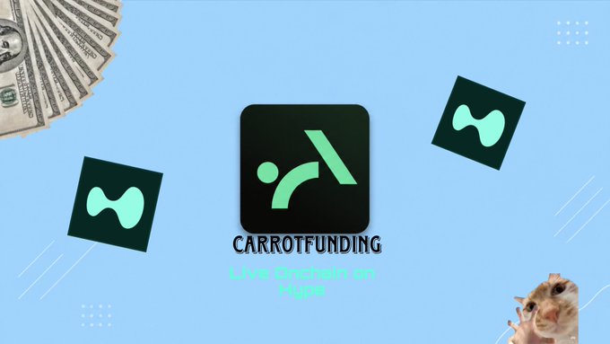 A graphic for 'CARROTFUNDING' with the tagline 'Live Blockchain on Wapp' against a light blue background, decorated with stylized carrots, dollar bills, and a small hamster in the corner.