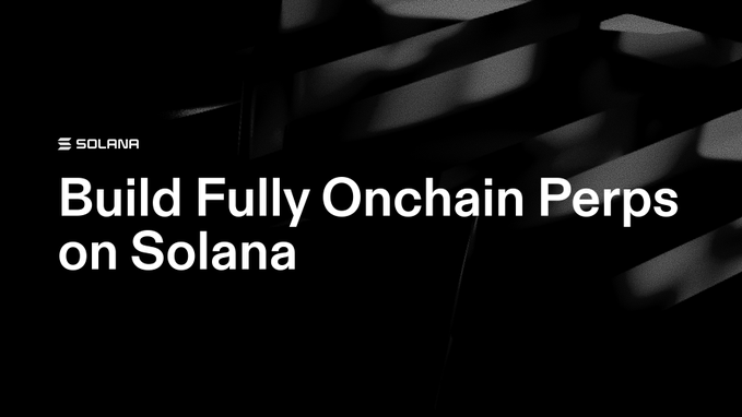 The image features a black background with white text that reads "Build Fully Onchain Perps on Solana". The text is centered, making it easy for viewers to read and understand. Below this information, there's an image of a building with vertical lines, which could be interpreted as the structure or architecture of the building. This visual representation helps convey the idea of constructing something solid and stable, just like the concept of fully onchain perps in the context of Solana.