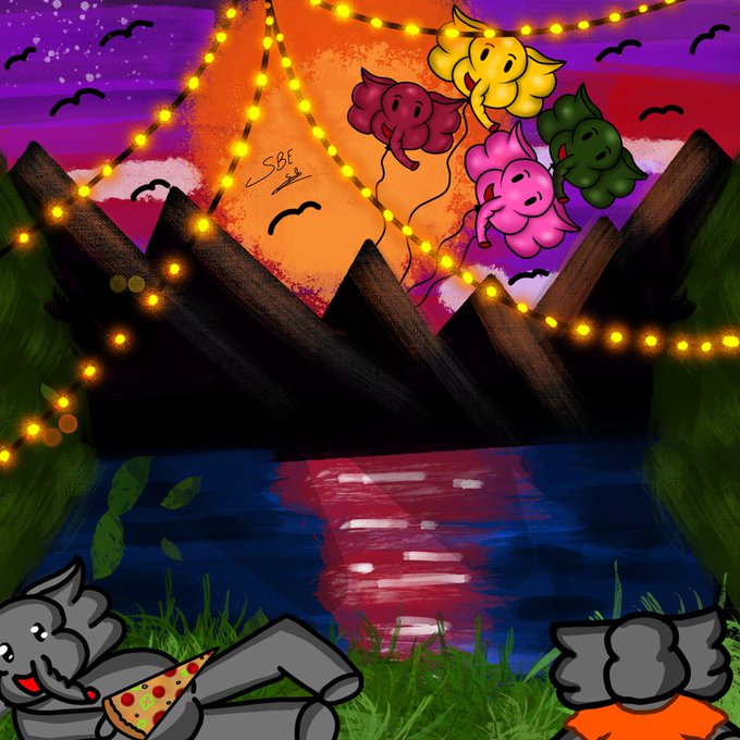 A vibrant digital illustration features a sunset scene with string lights, balloons with faces, jagged mountains, and an elephant character wearing pizza-patterned underwear.
