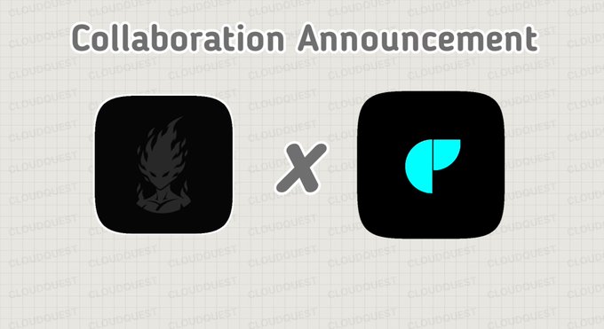 Collaboration announcement graphic showing two app icons separated by an X, watermarked with 'CLOUDQUEST'.