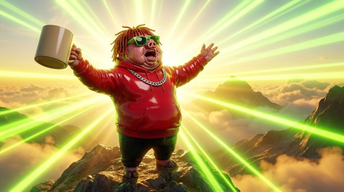 A surreal 3D illustration of a pig character with dreadlocks, sunglasses, a gold chain, and a red hoodie standing triumphantly on a mountain peak holding a wooden mug, with dramatic green laser beams radiating from behind against a cloudy sky.