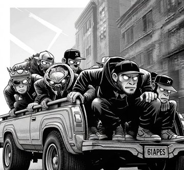 A black-and-white illustrated scene shows a group of stylized characters in streetwear and masks riding in the back of a pickup truck with a license plate reading '6IAPES'.