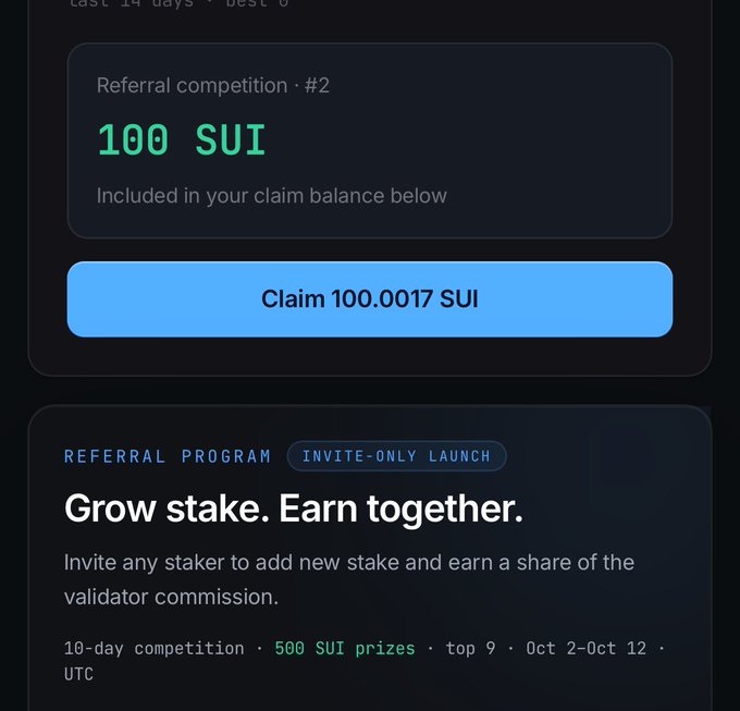 A cryptocurrency staking interface showing a 'Referral competition · #2' reward of '100 SUI' with a button to 'Claim 100.0017 SUI'. Below is a 'REFERRAL PROGRAM' section titled 'Grow stake. Earn together.' offering 500 SUI prizes for the top 9 stakers.