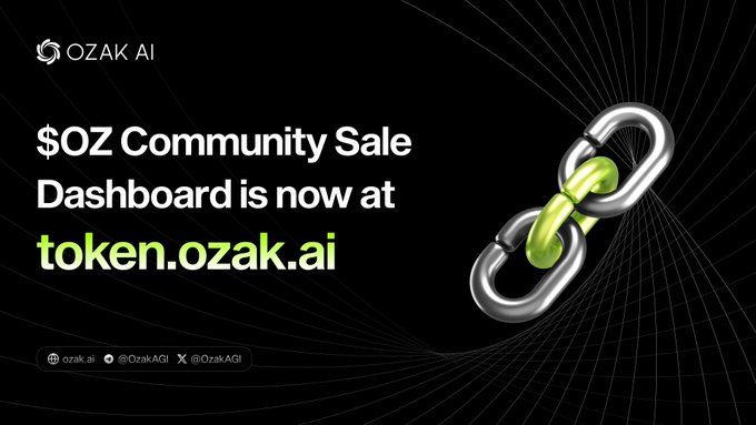 The image is a sleek black promotional graphic for Ozak AI featuring the announcement "$OZ Community Sale Dashboard is now at token.ozak.ai," accompanied by a 3D rendering of interlocked silver and green chain links on the right side. It relates to the accompanying post by visually announcing the dashboard's migration from presale.ozak.ai to its new permanent home at token.ozak.ai, following the completion of the $OZ community sale.