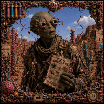 A surreal AI-generated artwork depicting a weathered figure with goggles holding a 'TOP 10 DESSERTS' menu, framed by ornate, colorful mechanical borders and set against a desert landscape.