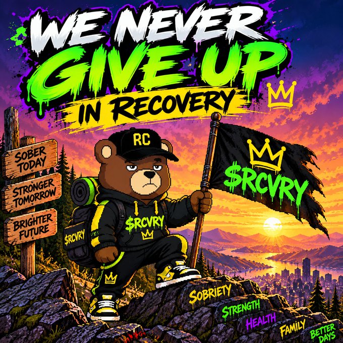 A vibrant recovery-themed digital illustration features a bear in '$RCVRY' streetwear holding a flag, surrounded by motivational text including 'WE NEVER GIVE UP IN RECOVERY', 'SOBER TODAY', and 'STRONGER TOMORROW'.