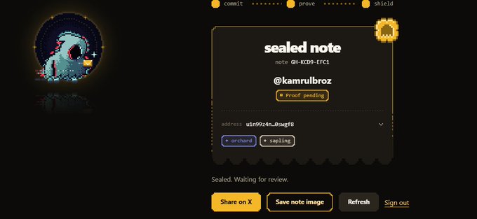 A digital interface showing a 'sealed note' with note ID 'GM-KCD9-EFC1', username '@kamrulbroz', and an address starting with 'u1n99z4n8sqf8', with options for 'commit', 'prove', and 'shield' at the top.