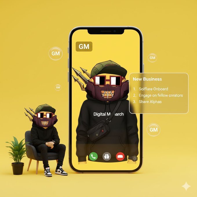 A digital illustration shows a character with a purple helmet featuring teeth and spikes, wearing a black hoodie labeled 'Digital Monarch', displayed on a smartphone screen with the text 'GM' and 'New Business' floating around on a yellow background.
