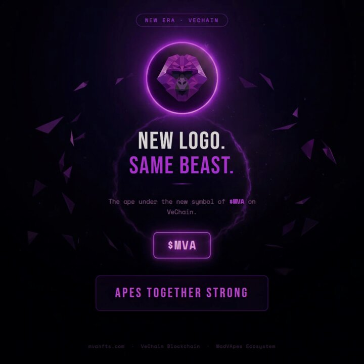 The image features an advertisement with a purple background and neon purple text for "New logo" and "Same beast". The poster has a large orange circle featuring a graphic design of a logo that says "NEW LOGO". It also contains additional information about the new logo, stating it is under the new symbol of 'VET CHAIN' on Medium.com with a description of what is in the image and how this new logo will bring about change within the same beast category. The poster includes the text "APES TOGETHER STRONG" as well as the website "www.modeltips.com".