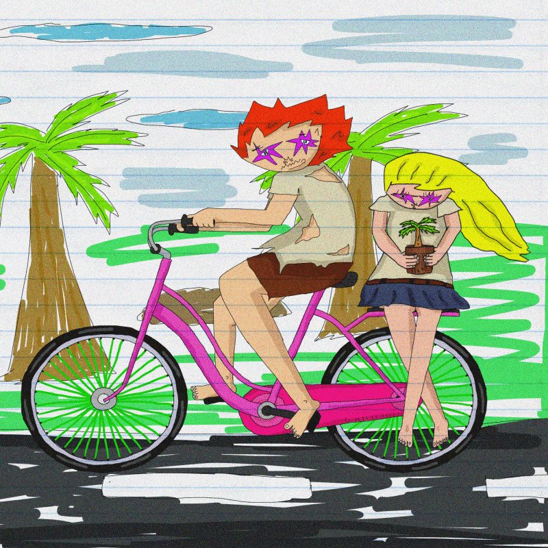 The image features two people riding a pink bicycle, with one person wearing a brown shirt and the other wearing a white shirt. They are holding a palm seedling between them as they ride down the street. The background of the image includes trees and a sky, creating an outdoor setting for their bike ride. The post that this image is associated with reads: "Pick of the Feed #05/29/2021 #mb_potf @yasihooto #objktcom #tokens/KT1Si7B".