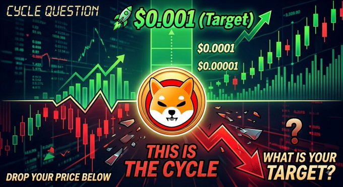 The graphic depicts Shiba Inu's (SHIB) potential cycle trajectory, showing a "DROP YOUR PRICE BELOW" red downward arrow and an upward arrow targeting "$0:001" alongside lower targets of $0.0001 and $0.00001. Centered with the iconic Shiba Inu dog logo, it poses the question "WHAT IS YOUR TARGET?" to engage SHIB holders in sharing their price expectations. The image visually reinforces the post's poll-style question, inviting the SHIBArmy community to declare their bullish price predictions for SHIB's next major cycle move.