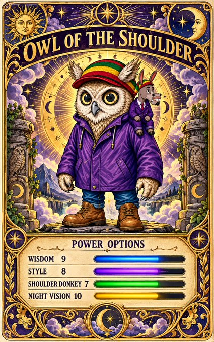 A tarot-style fantasy card titled 'OWL OF THE SHOULDER' depicting an owl in a purple jacket and rainbow cap, with a donkey on its shoulder and power stats listed at the bottom.
