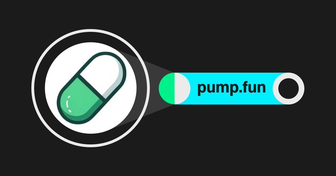 A graphic featuring a pill icon alongside the pump.fun logo, representing the Solana memecoin launchpad platform.