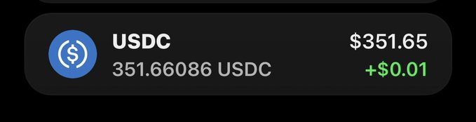 The image shows a crypto wallet balance displaying 351.66086 USDC ($351.65) with a small increase of +$0.01. This appears to support the post claiming to have $350 to giveaway, as the wallet contains just over that amount in USDC stablecoin.