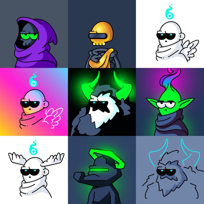 A 3x3 grid of stylized character portraits featuring various hooded, skull-like, and horned figures with glowing eyes against different colored backgrounds.