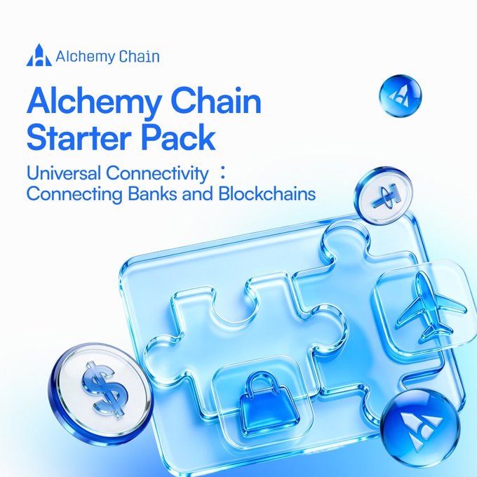 The image is a promotional graphic for the "Alchemy Chain Starter Pack," featuring the tagline "Universal Connectivity: Connecting Banks and Blockchains." It displays translucent blue puzzle pieces alongside 3D icons of a dollar coin, Ethereum (ETH) coin, a shopping bag, an airplane, and the Alchemy Chain logo, visually reinforcing the concept of seamless integration between traditional finance and blockchain assets.