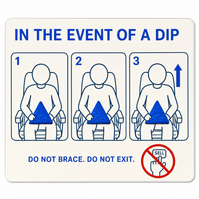 An instructional sign reading "IN THE EVENT OF A DIP" advises "DO NOT BRACE. DO NOT EXIT." with diagrams showing airplane seatbelt positions and a crossed-out "SELL" button.