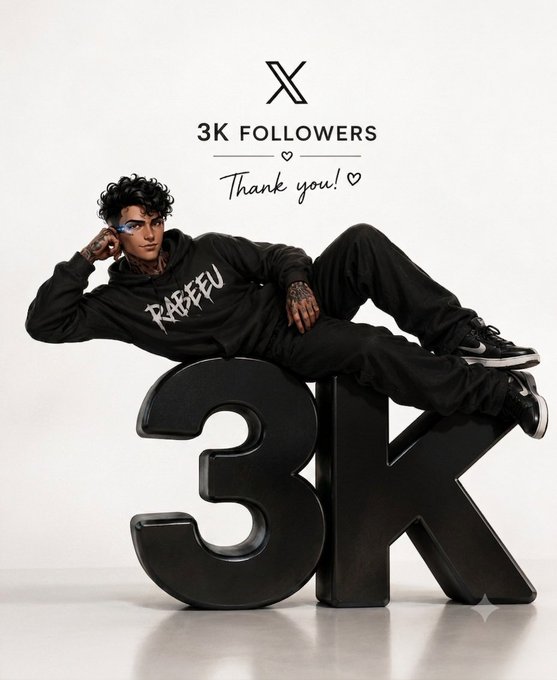 A man wearing a black 'RADFEU' hoodie and black pants reclining on large 3D letters, with the X logo and text '3K FOLLOWERS' and 'Thank you!' above him.